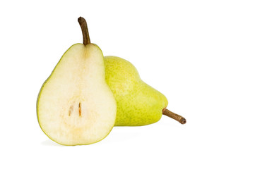 slice and whole ripe yellow pears isolated on white background