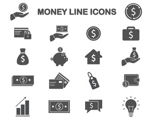 A simple set of money vector icons. Contains such icons as a wallet, a package of money, a hand with a coin and much more. Editable move.
