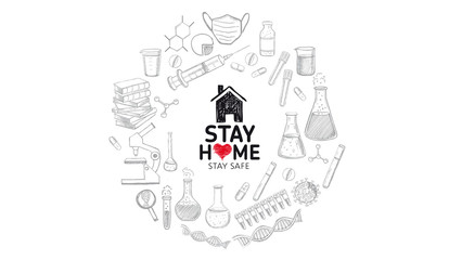 Stay home stay safe doodle illustration. Quarantine. Pandemic coronavirus. Coronavirus, dna, blood test. Laboratory research vector hand drawn icons set.
