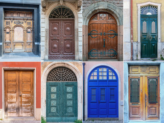 group of old wooden doors with decorative ornaments in the historical part of various European cities