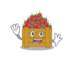 Smiley strawberry fruit box cartoon mascot design with waving hand