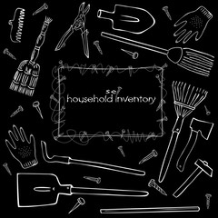 Set of white isolated items on a black background.Illustration of garden tools.