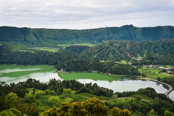 Famous green and blue lakes on San Miguel island. Unknown Potugal.