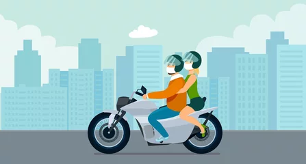 Foto op Plexiglas Motorbike with a young man and woman in a medical mask driving on a background of abstract cityscape. Vector flat style illustration. © lyudinka