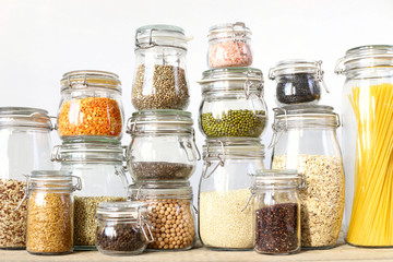 Healthy food products in glass jars