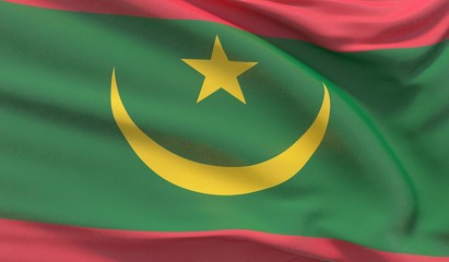 Waving national flag of Mauritania. Waved highly detailed close-up 3D render.