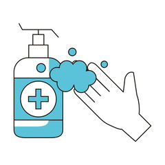 hand with antibacterial soap bottle isolated icon vector illustration design