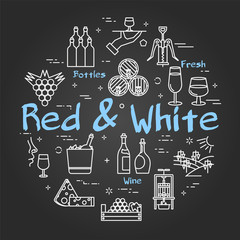 Vector black line round Red and White wine concept