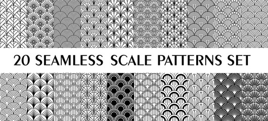 Set of 24 fish scale art deco style patterns. Retro style ornaments suitable for textile, wrapping paper, tiles and backgrounds.
