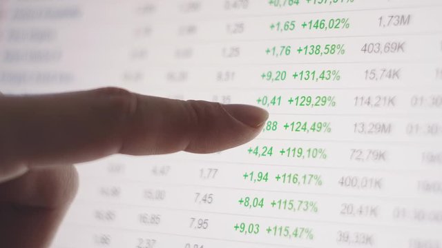 Brokers analysts point their finger at the screen Graph of crypto currency online. Quotes of eth and btc at stock exchange. Stock exchange market chart of ethereum. app on the screen of laptop or pc.