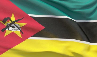 Waving national flag of Mozambique. Waved highly detailed close-up 3D render.