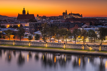 Fototapeta na wymiar View to Cracow Old town in blue hour in autumn time. Cracow, Poland, october 14.2019