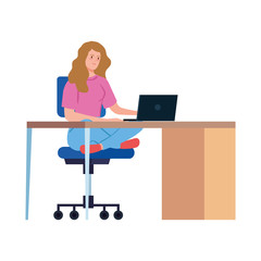 woman working telecommuting with laptop in desk vector illustration design