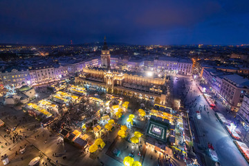 View to Cracow Main Square from - St Mary's Church in Christmas Time  Cracow, Poland, December 21.2018