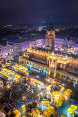 Fototapeta premium View to Cracow Main Square from - St Mary's Church in Christmas Time Cracow, Poland, December 21.2018