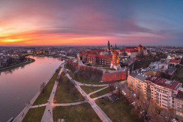 Aerial view of the Wawel Castle in Cracow in sunset time