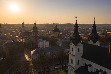 Aerial view on Carmelite Church ( Michael the Archangel church) in Lviv, Ukraine from drone
