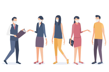 Fototapeta premium Vector illustration. Social communication. People talk, discuss, and conduct a dialogue. Safe communication during quarantine.