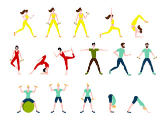 Fototapeta na wymiar a set with sports people. sports guys and girls in tracksuits. vector flat illustration of people sports characters