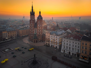 Aerial view of the Market Square in Cracow in sunrise time - obrazy, fototapety, plakaty