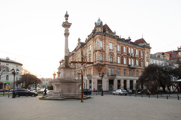 Fototapeta premium Quarantine. Jesus Christ crucified near Bernardine church in Lviv, Ukraine