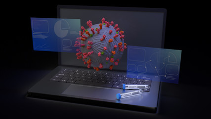 corona virus and  science tube on notebook 3d rendering for medical content.