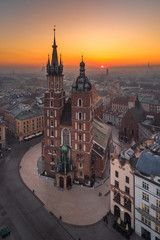 Fototapeta premium Aerial view of the Market Square in Cracow in sunrise time