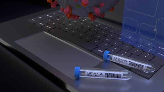 corona virus and  science tube on notebook 3d rendering for medical content.