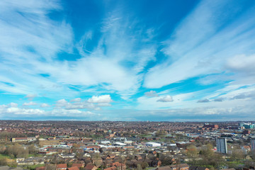 Aerial photo over looking the area of Leeds known as Headingley in West Yorkshire UK, showing a typical British hosing estates and roads taken with a drone on a sunny day