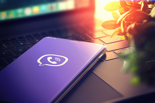 KYIV, UKRAINE-JANUARY, 2020: Viber on Cellphone Screen. Viber Social Media is Most Popular Tool for Communication Sharing Information and Content Between People in Internet. Viber Concept. 3D Render.
