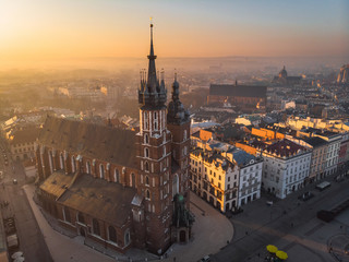 Aerial view of the Market Square in Cracow in sunrise time - obrazy, fototapety, plakaty