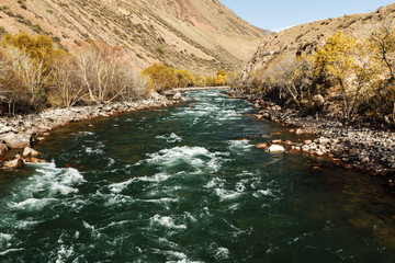 Kokemeren river, stormy mountain river in the Naryn region of Kyrgyzstan