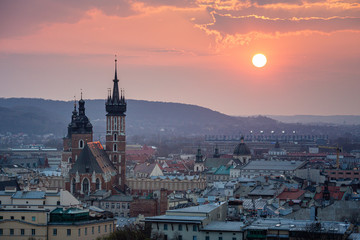 View to Cracow - St Mary's Church, Market during sunset