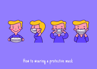 Step wearing a hygiene protective mask to protect COVID19 virus and pm2.5-Vector Illustration