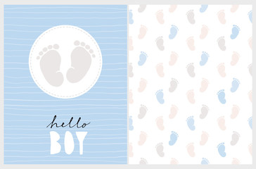 Cute Nursery Vector Art. Light Gray Little Baby Feet in a White Round Frame Isolated on a Striped Pastel Blue Background. Hello Boy. Baby Shower Vector Illustration and Lovely Seamless Pattern. 