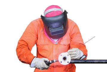 welder is welding process by tig isolated on white backgroud with clipping paths.