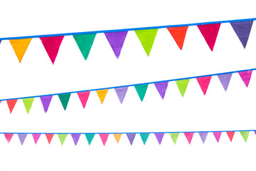 Obraz premium Garlands of old festive triangular multicolored flags on white background. 