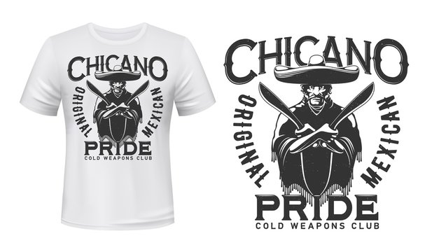 Mexican bandit with knives t-shirt print mockup of bladed weapon or cold arms vector design. Mexican gangster with machetes, sombrero and poncho, custom apparel print template for melee weapon club
