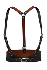 Subject shot of a black leather harness made as a wide belt with shoulder straps, steel buckles, rivets and rings. The chest harness is isolated on the white background.  