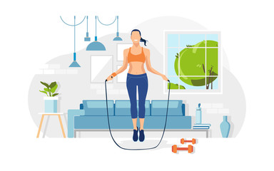 Young girl jumps skipping rope playing sport at home. Concept living room with sofa, plants, woman, person indoor fitness activities. Flat vector illustration.