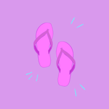 Flip flops in hand drawn style. Top view. Isolated on light violet background with neon blue strokes. Summer vector illustration in trendy pink and purple colors. Design element for icon.