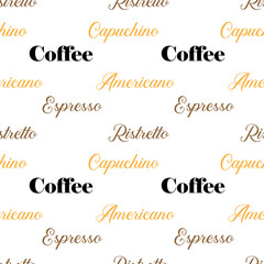 Coffee seamless pattern design. Decorate text in brown colors.
