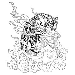 Tiger Climbing on hill and cloud design with Chinese or Japanese tattoo illustration ink doodle drawing  oriental for coloring vector with white background 