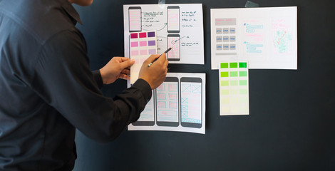 Young designers are choosing color scheme for mobile application design.Application design.