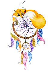 watercolor illustration of a dream catcher with a Fox and colored feathers