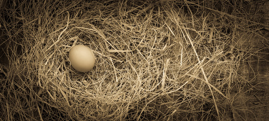 Chicken egg in a straw nest for Easter, rustic style, table, top view, copy space right
