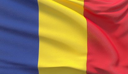 Waving national flag of Romania. Waved highly detailed close-up 3D render.