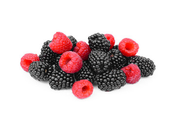 raspberries and blackberries isolated on white background