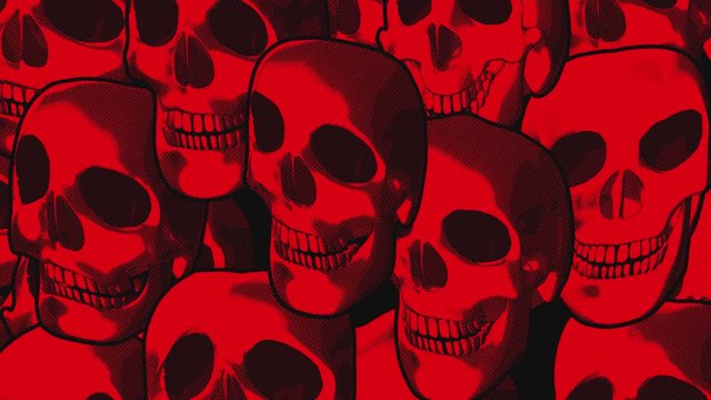 Seamless animation red skulls printed drawn style cartoon. Hypnotic halloween background with comic halftone effect.