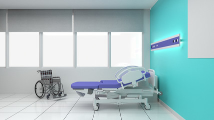 Hospital room with beds .Empty bed  and wheelchai in nursing  a clinic or hospital . 3d private room rendering.Luxury patient bed  illustration.Modern hospital,health care concept.
